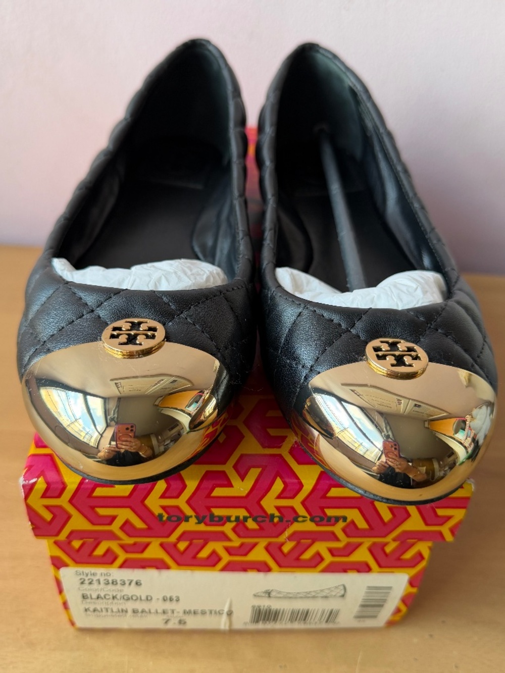Tory Burch Kaitlin Ballet Mestico Flats Shoes Black Quilted Leather Gold Meta